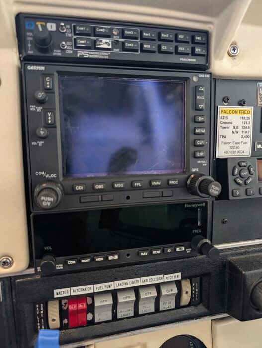 The radio stack — PS Engineering audio panel, Garmin GNS 530 and the number two comm radio